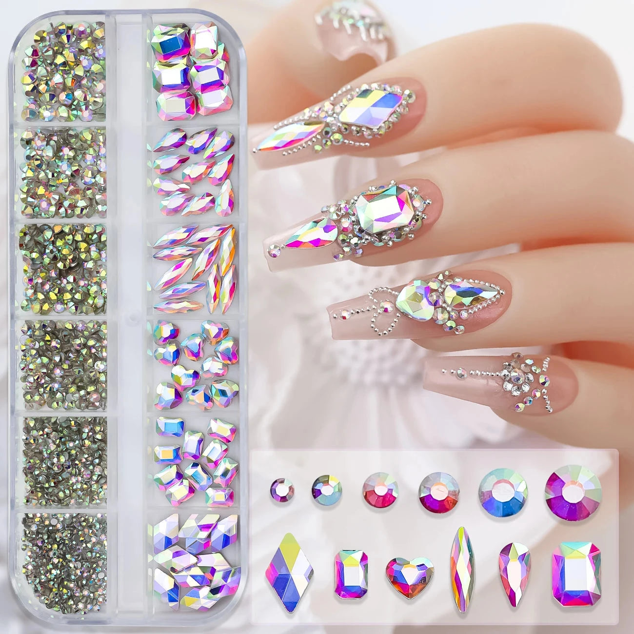 12Grids SS6-SS30 Mixed Nail Rhinestones Shiny Clear/Gold/Pink/Blue Diamond Flat-back Nail Gems Glass Stones Nails Decoration Econic Blanks