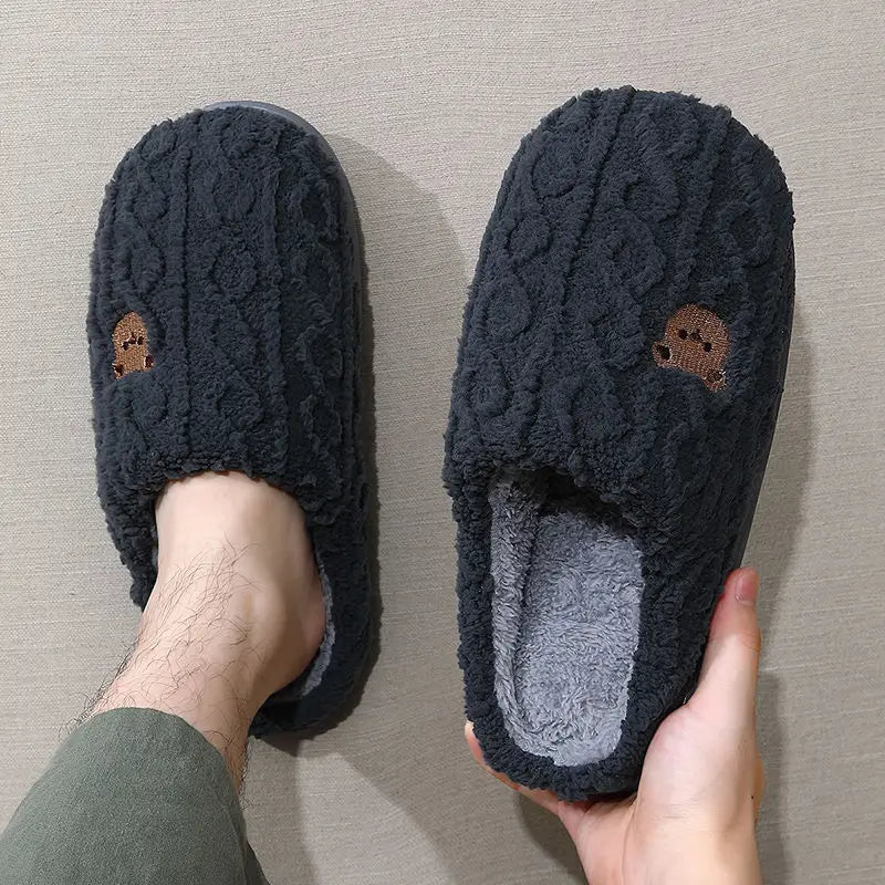 Winter Fluffy Shoes Women Cotton Slippers Cartoon Bear Thick Sole Warm Slides Men Female Couple House Indoor Plush Flat Shoes Purest Peak