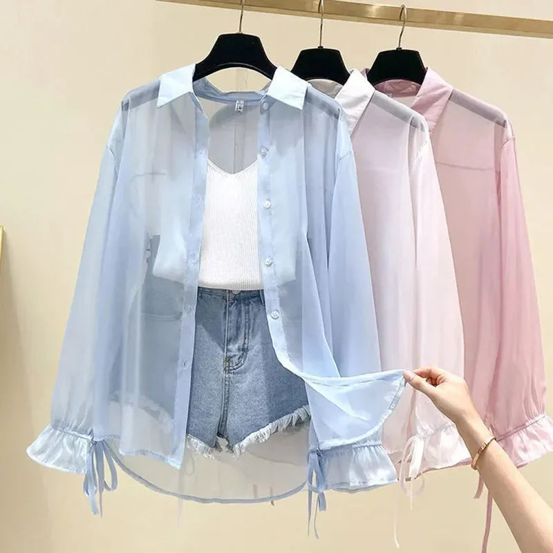 Smvp Chiffon Blouses for Women Summer Thin Loose Button-Up Sunscreen Shirt Woman Korean Fashion Bow Lace-up Long Sleeve Shirts Quick Pick Grocers
