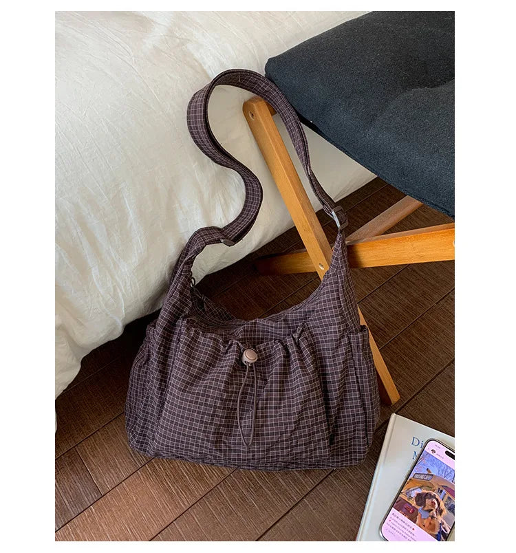 Korean Nylon Shoulder Bags Fashion Simple Plaid Zipper Tote Drawstring Pleated Cloud Bags New Commuter Crossbody Shoulder Bag Quick Pick Grocers