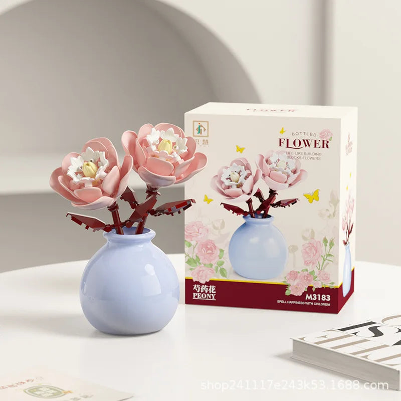 Building block pot plant bouquet of flowers, roses, lily building blocks, toys with flower pots, cute living room ornaments gift Quick Pick Grocers