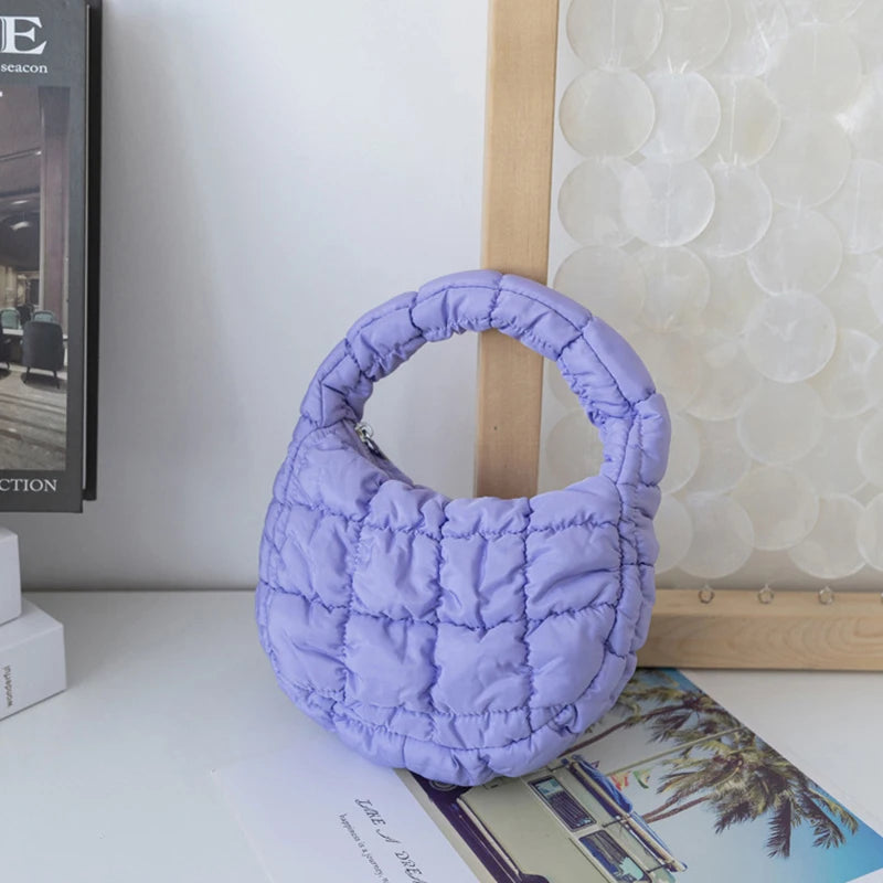 Fashion Mini Puffer Tote Bag Quilted Circle Phone Purse Elegant Purple Soft Nylon Padded Key Pouch Simple Trend Handbag Econic Blanks