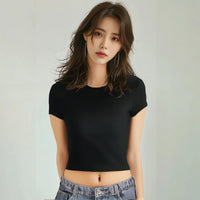 4 pieces Solid color basic short sleeved tight fitting T-shirt for women's casual summer minimalist women's style top O-neck Quick Pick Grocers