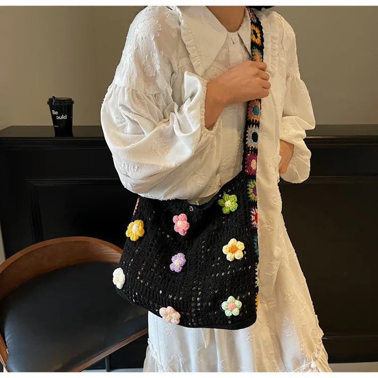 Women's Boho Crochet Bag Designer Flowers Knitted Handbags Large Capacity Summer Beach Woven Shoulder Bag Girls Tote Shopper Bag Quick Pick Grocers