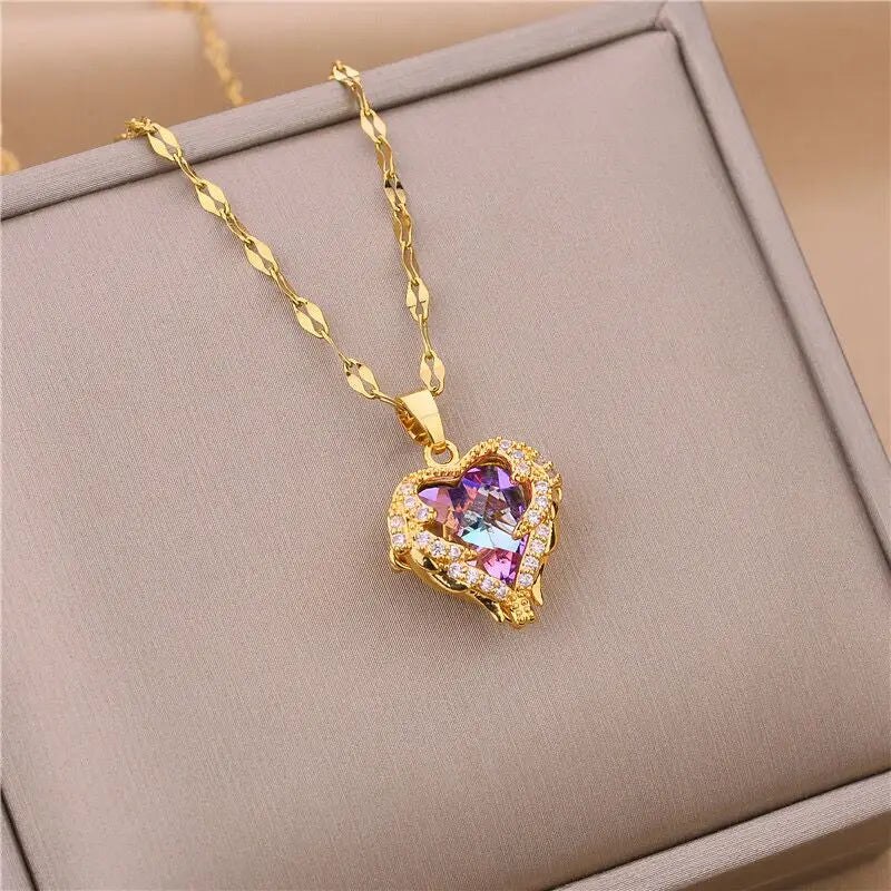 Top Luxury Colorful Crystal Ocean Heart Pendant Necklace For Women Trendy 316L Stainless Steel Jewelry Female Wedding Neck Chain Quick Pick Grocers