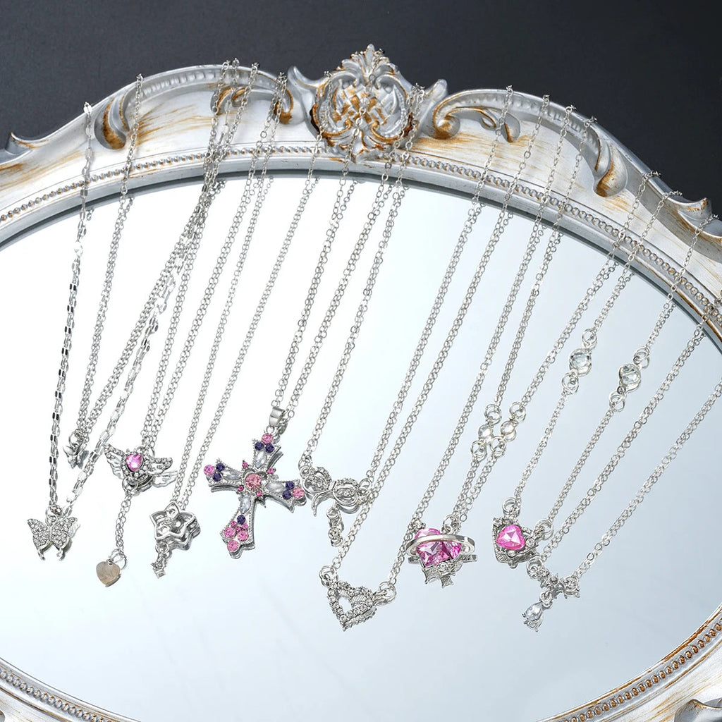 9 Pcs Women's Elegant Zircon Pendants Necklace Set Fashion Pink Color Cross Butterfly Heart Bowknot Necklaces Party Jewelry Gift Quick Pick Grocers