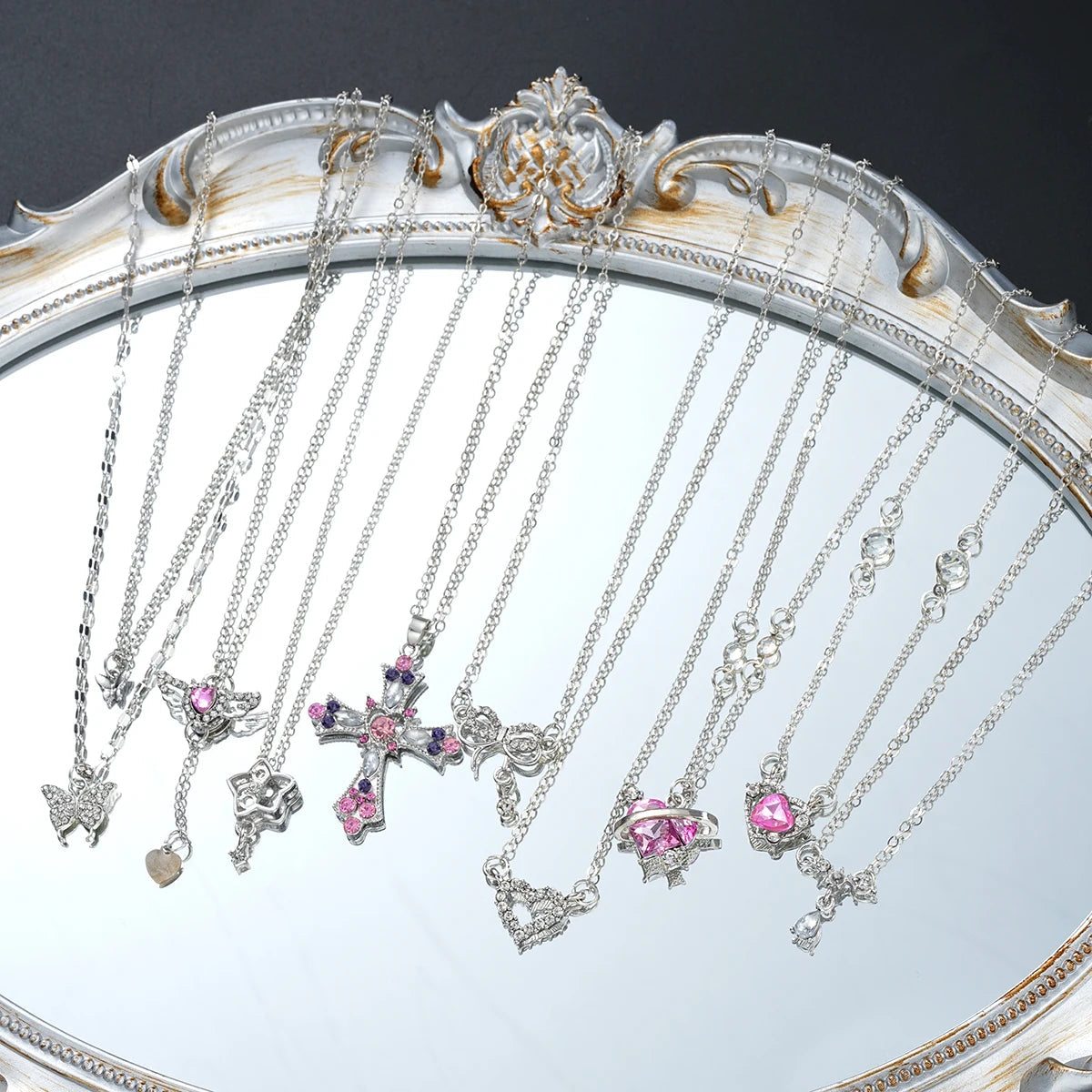 9 Pcs Women's Elegant Zircon Pendants Necklace Set Fashion Pink Color Cross Butterfly Heart Bowknot Necklaces Party Jewelry Gift Quick Pick Grocers