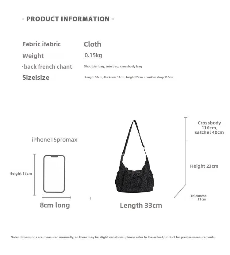 Korean Nylon Shoulder Bags Fashion Simple Plaid Zipper Tote Drawstring Pleated Cloud Bags New Commuter Crossbody Shoulder Bag Quick Pick Grocers
