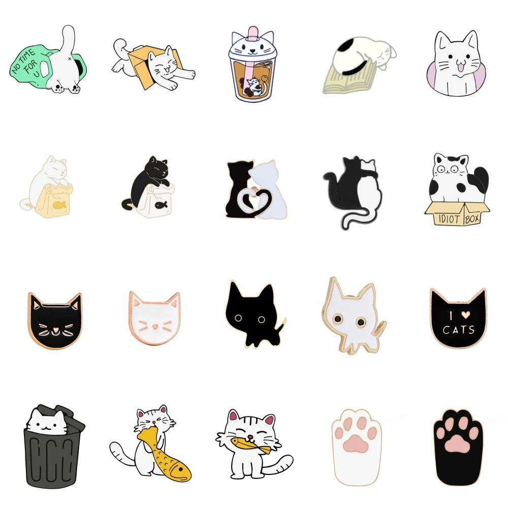 20 Styles Cute Cats collection Enamel Pins Dried Fish Bag Brooch Cartoon Animal Badges Denim Lapel Jewelry Gift for Kids Friends Quick Pick Grocers