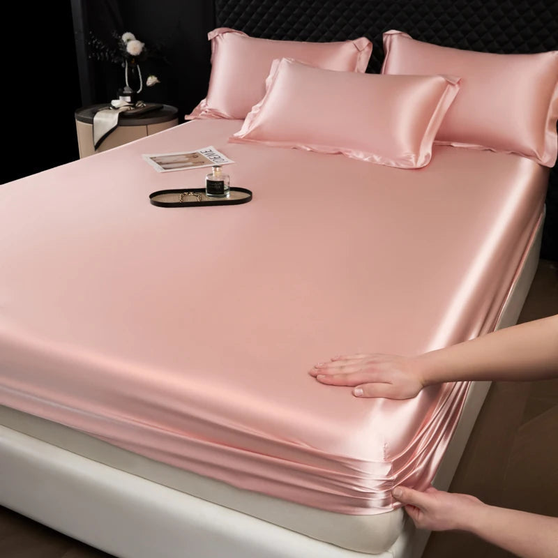 Solid Color Fashion Satin Fitted Sheet Rayon Mattress Cover with Elastic Band Bed Sheet for Bedding 140x200 160x200 Quick Pick Grocers