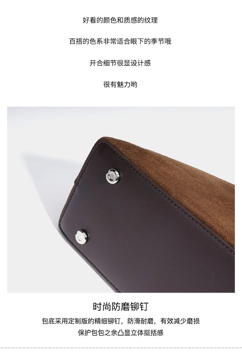 2026 Autumn Winter All-match Bowling Tote All-match Matte Suede Cowhide Leather Women Shoulder Bag Coffee Purple Noble Handbag Quick Pick Grocers