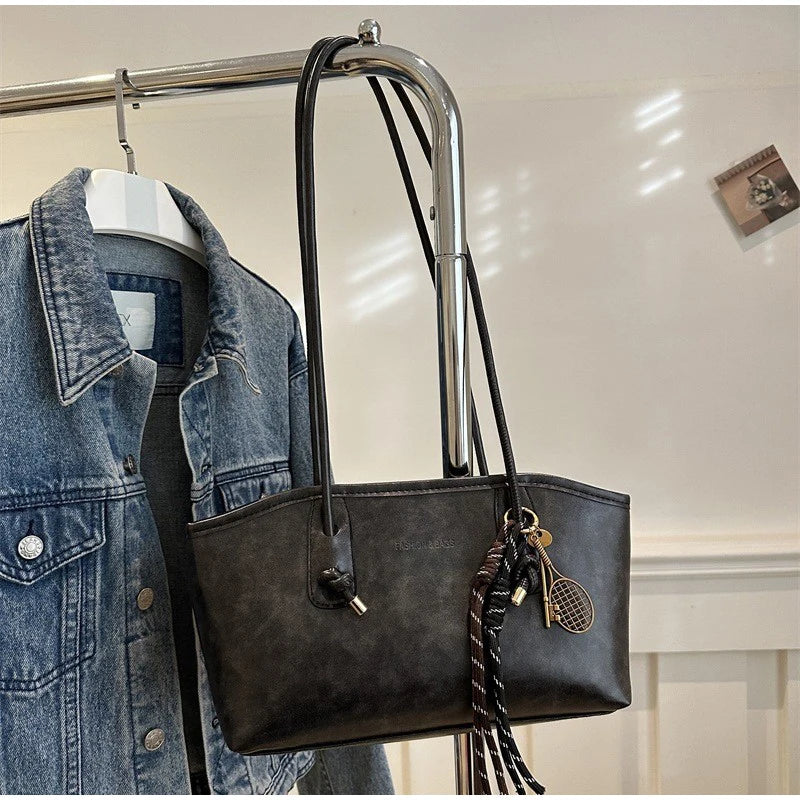 European American Retro Tote Bag, Korean Fashion Shoulder Bags Advanced Simple Handbag New Large Capacity Pendant Versatile Bags Quick Pick Grocers