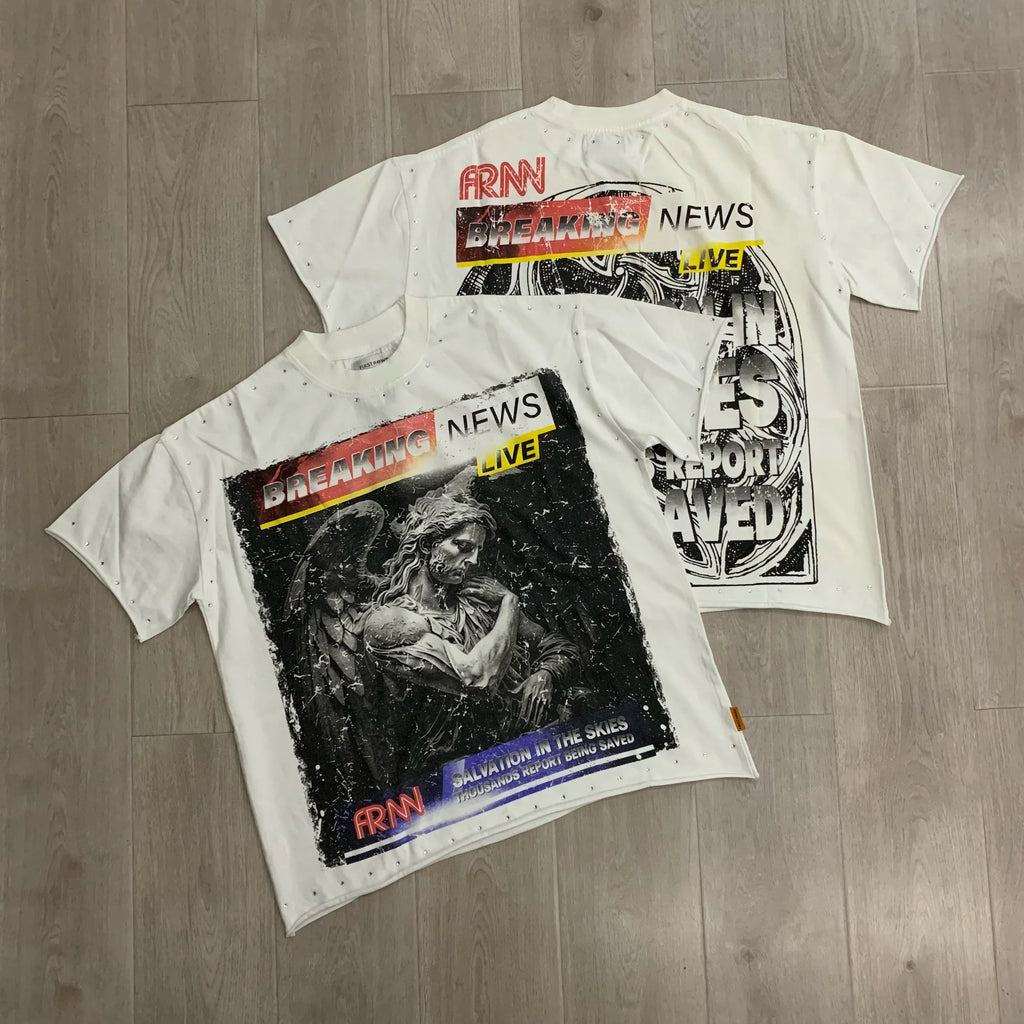 Streetwear Vintage Washed Diamond Cropped Tee for Men Crew Neck Short Sleeve Loose Cotton Rhineston Tshirts Oversized Quick Pick Grocers
