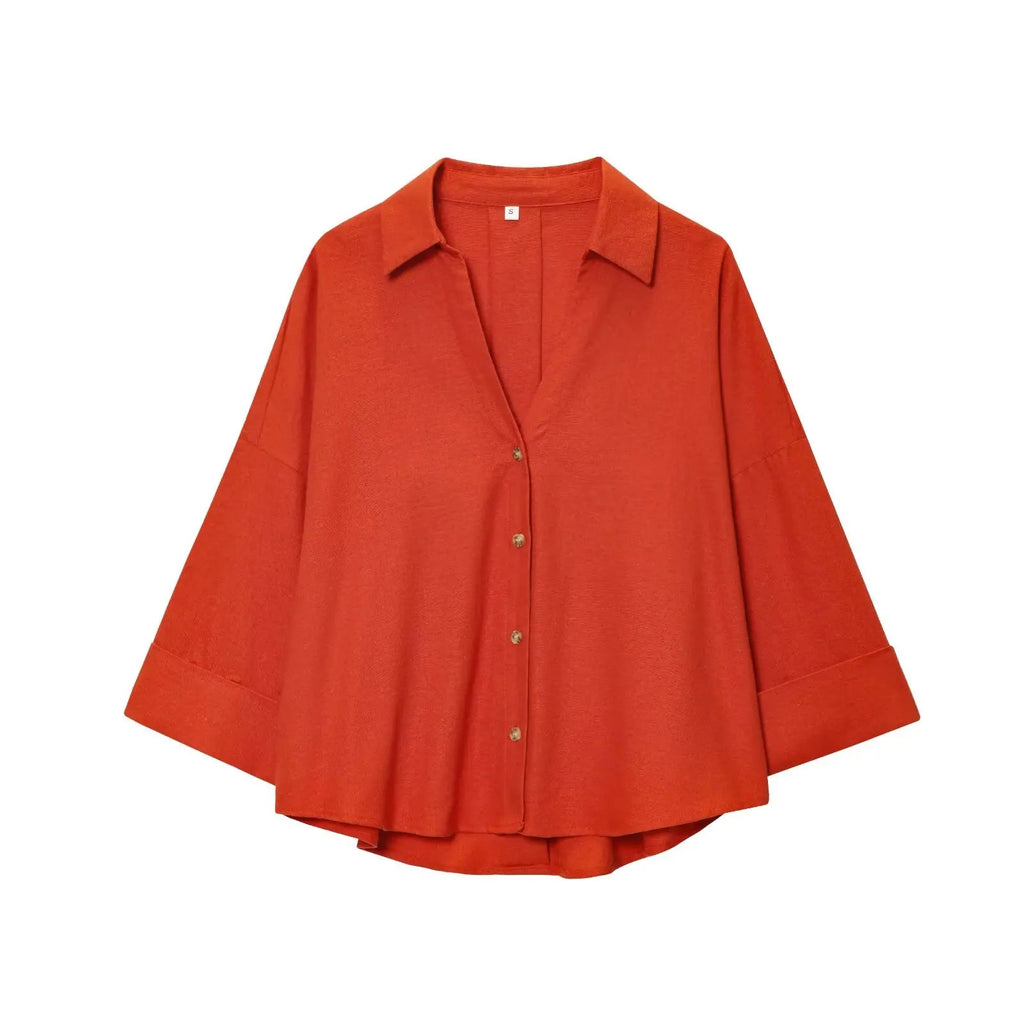HipSeam Wide Sleeved Shirt Women Spring Asymmetric Hem Button Women's Shirts Simple Lady Johnny Collar Shirts & Blouses Quick Pick Grocers