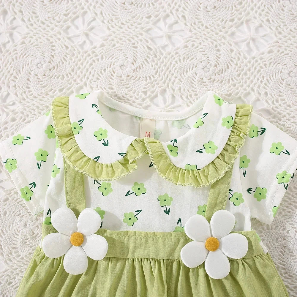 (0-3 Years Old) Summer Baby Girl Cotton Flower Fake Two-Piece Shoulder Strap Dress Girl Cute Short Sleeved Dress Econic Blanks