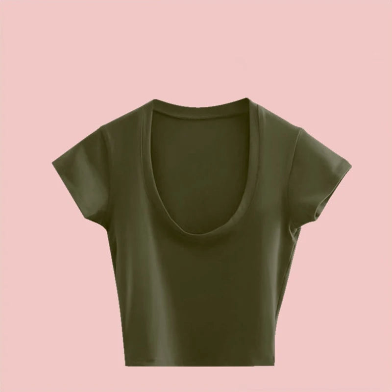 Summer Slim T-Shirt Women Sexy Short Sleeve T Shirt U-Neck Gray Tee Female Solid Basic Black/White Korean Crop Tops Hot Y2k Quick Pick Grocers