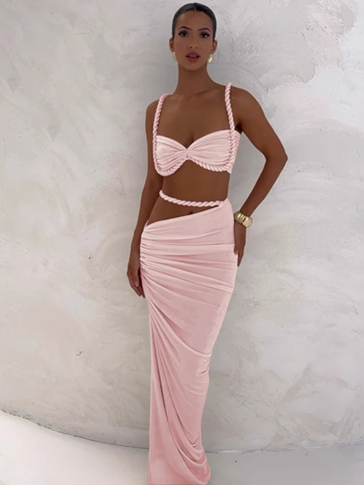 Cutenew Woven Matching Women 2 Piece Sexy Vacation Outfits Pleated Crop Camis+Shirring High Waist Maxi Skirts Solid Mujer Sets Quick Pick Grocers