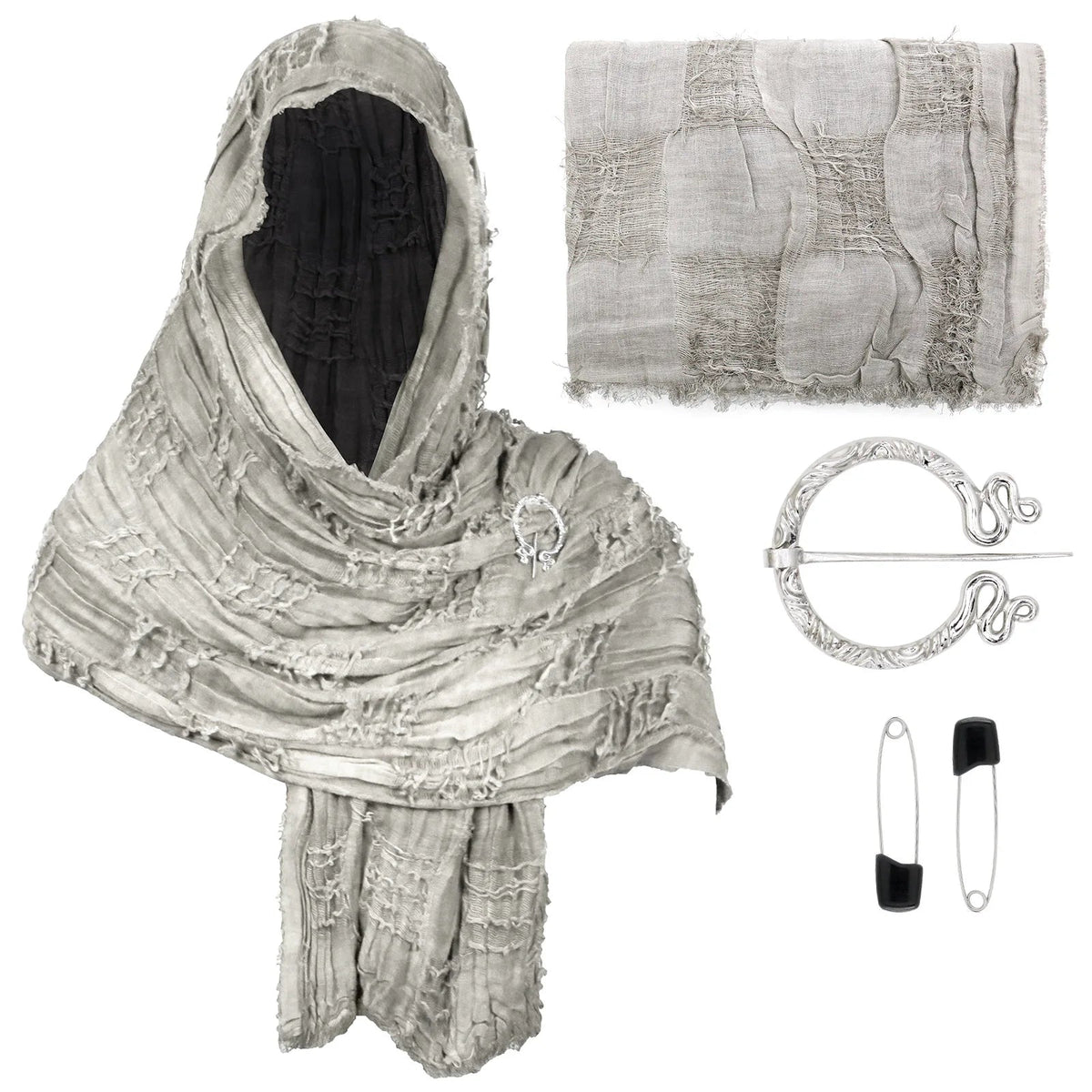 Medieval Vintage Hooded Shawl Scarf Cloak For Men Women Renaissance Halloween Tattered Layered Textured Frayed Cosplay Costume Quick Pick Grocers