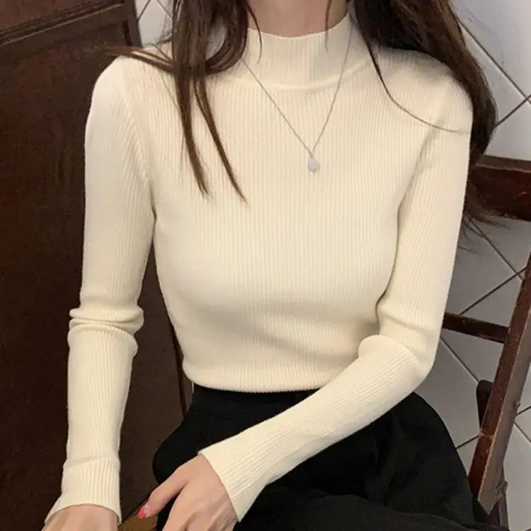 Autumn Winter Mock Neck Women Sweater Vintage Basic Solid Knitted Tops Casual Slim Pullover Korean Sweaters Simple Chic Jumpers Quick Pick Grocers
