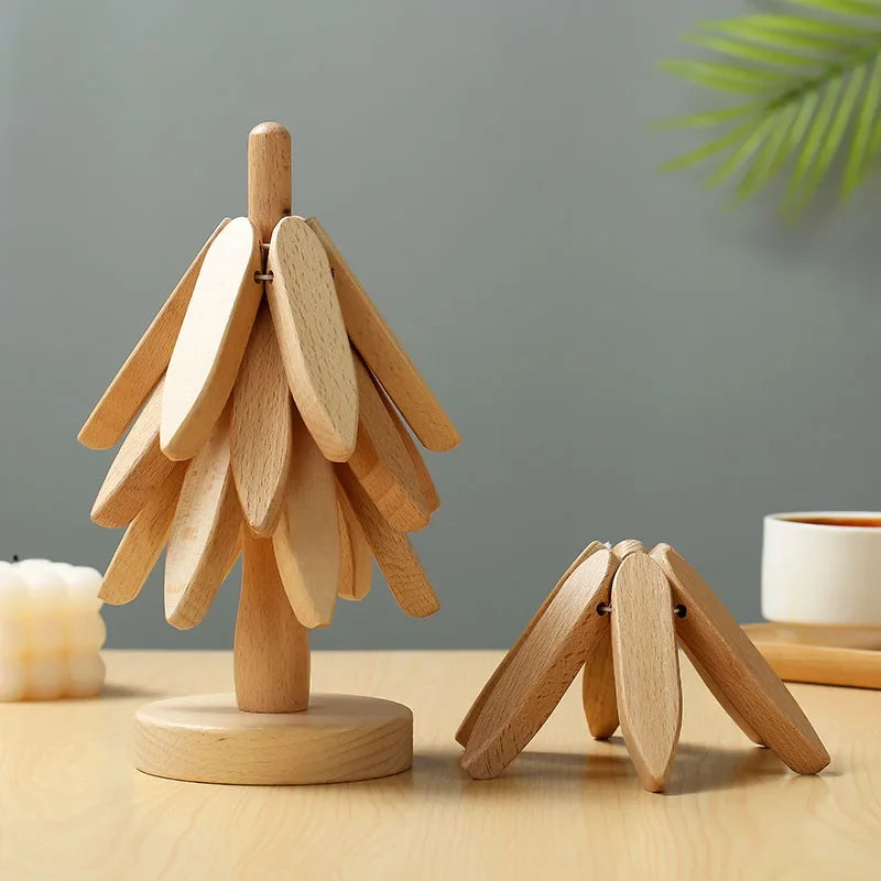 4PCS Tree Design Stand Bamboo Wooden Trivets Decorative Anti Scald Heat Resistant Table Mat Coaster Wood Placemats Pot Quick Pick Grocers