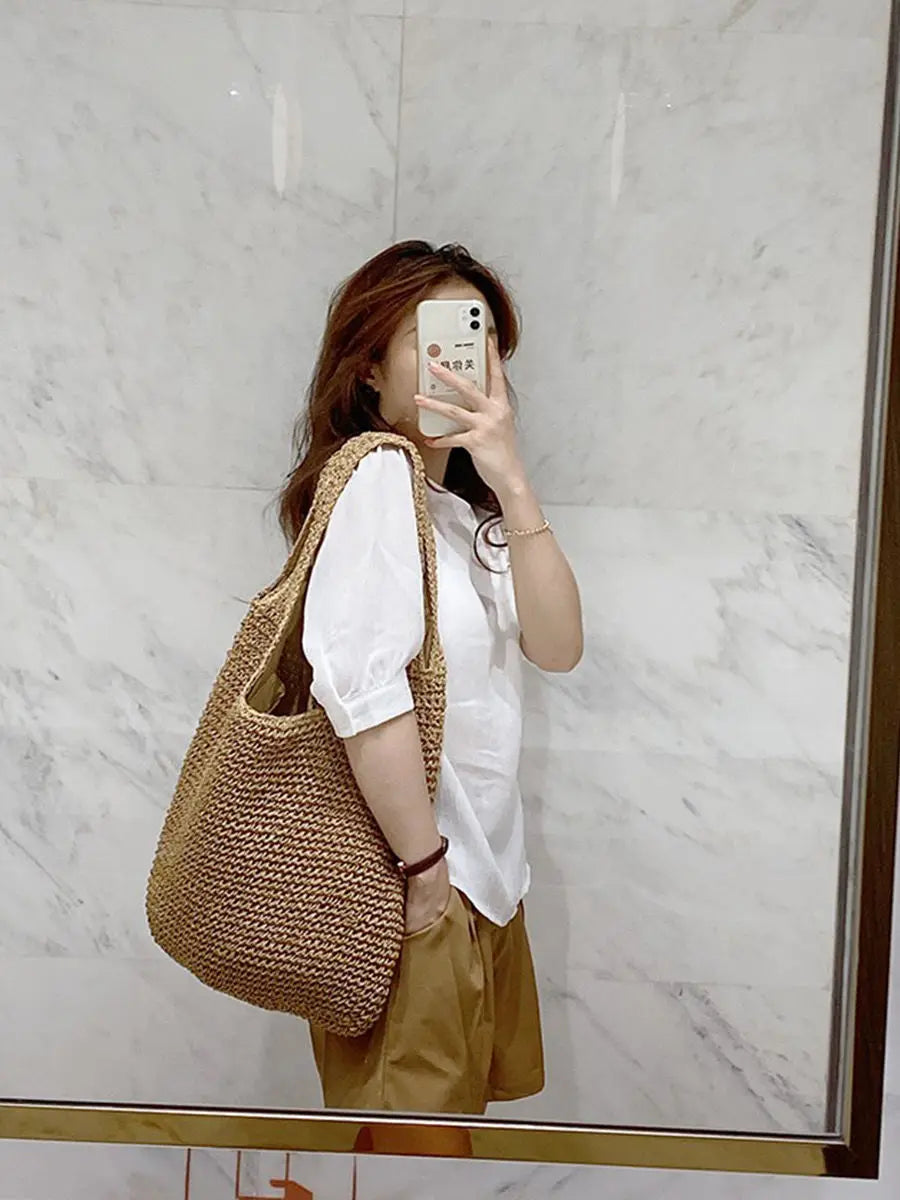 French Style Large Capacity Woven Straw Woven Bag for Women New Beach Vacation Shoulder Bag Casual Commuting Tote Bag Purse Quick Pick Grocers