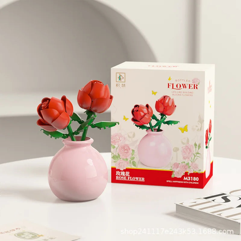 Building block pot plant bouquet of flowers, roses, lily building blocks, toys with flower pots, cute living room ornaments gift Quick Pick Grocers