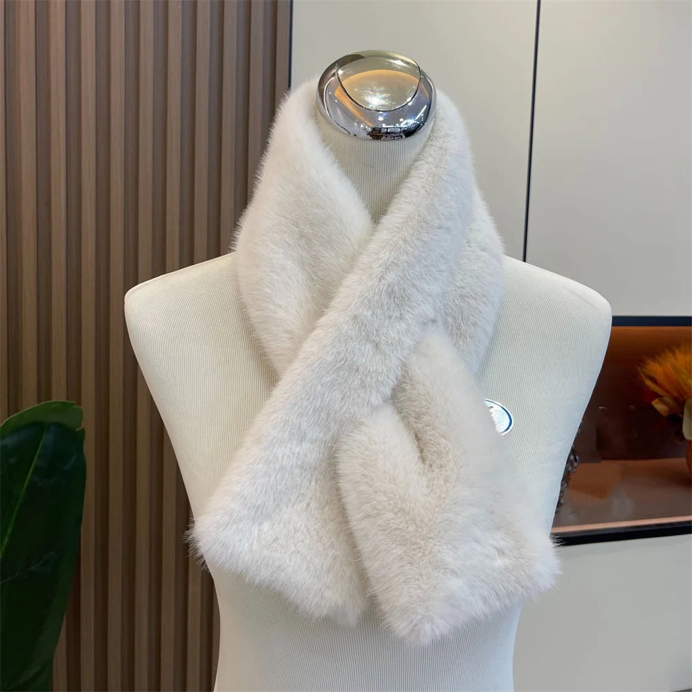 Women Winter Warm Thicken Cross Collar Scarf Solid Color Faux Rabbit Fur Cold Proof Scarves Fashion Soft Furry Neck Warmer Quick Pick Grocers