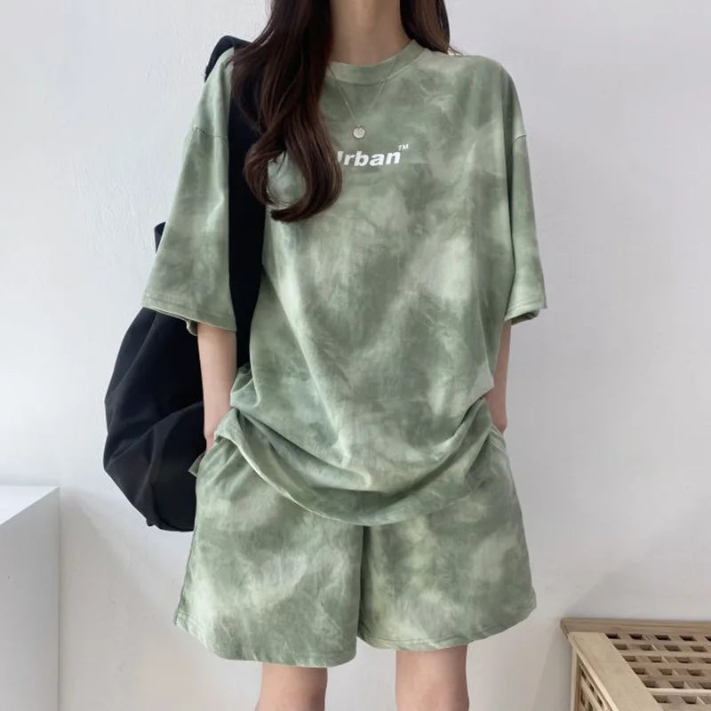 Women T-Shirt Shorts Suit Set Casual Tie Dye Loose tshirt and wide leg middle shorts with pockets female Soft Summer Shorts Sets Quick Pick Grocers