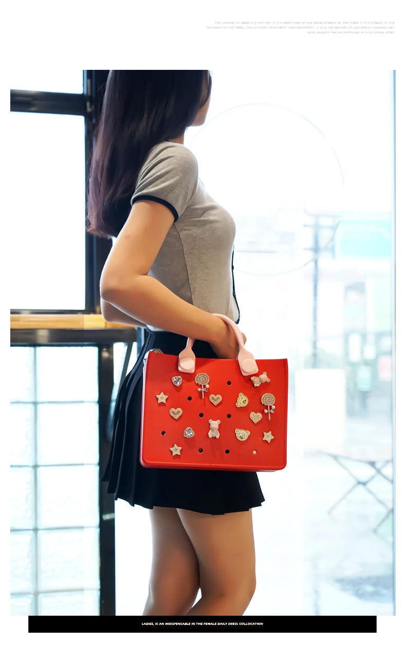 EVA Large Leather Shoulder Bag Handbag Tote Bag Storage for Women Casual Waterproof Beach Bag Hole Fit Charm Fashion Storage Bag Quick Pick Grocers