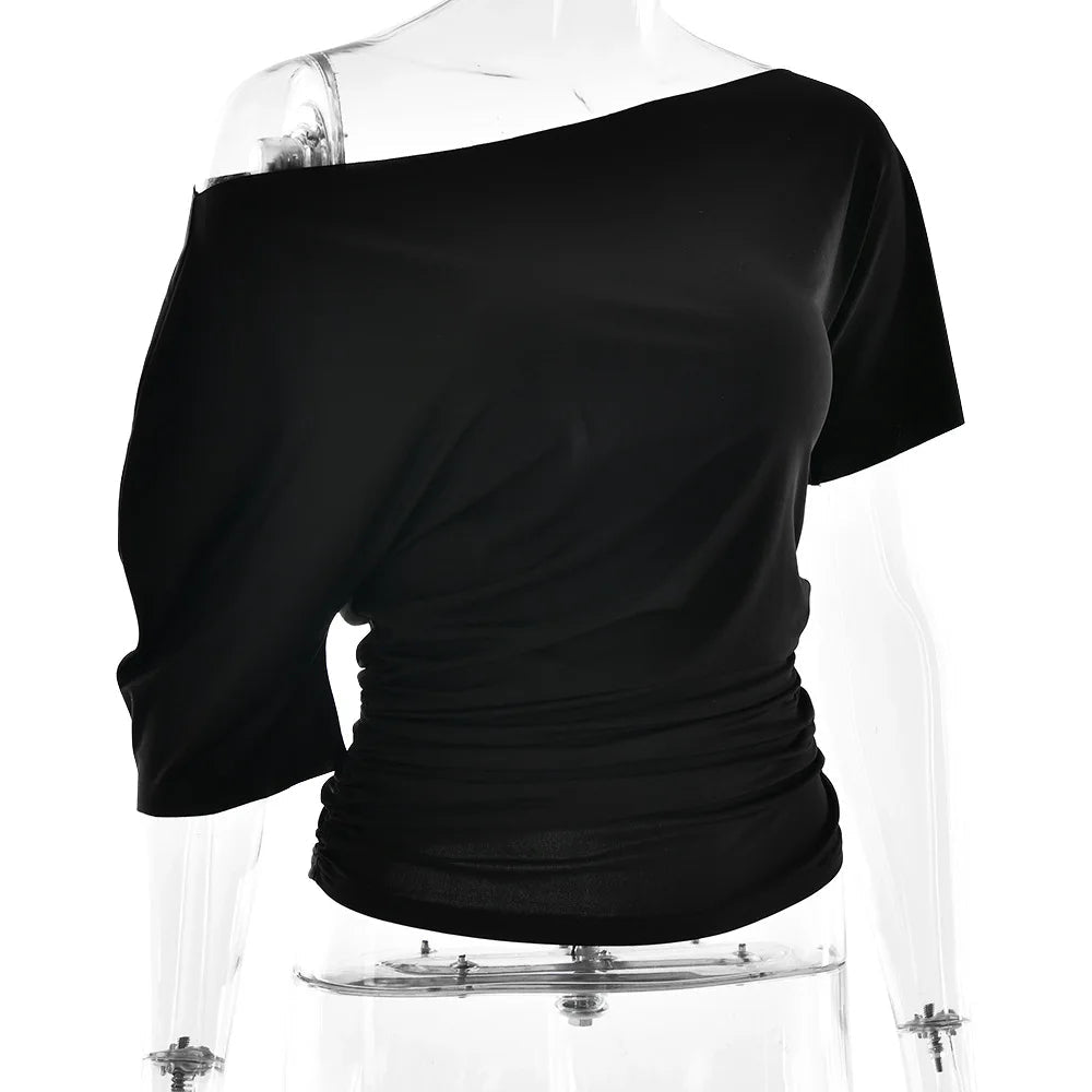 Off Shoulder Ruched Crop Top Women Basics Solid Color Skew Collar Short Sleeve T-shirts Summer Casual Streetwear Tees Quick Pick Grocers