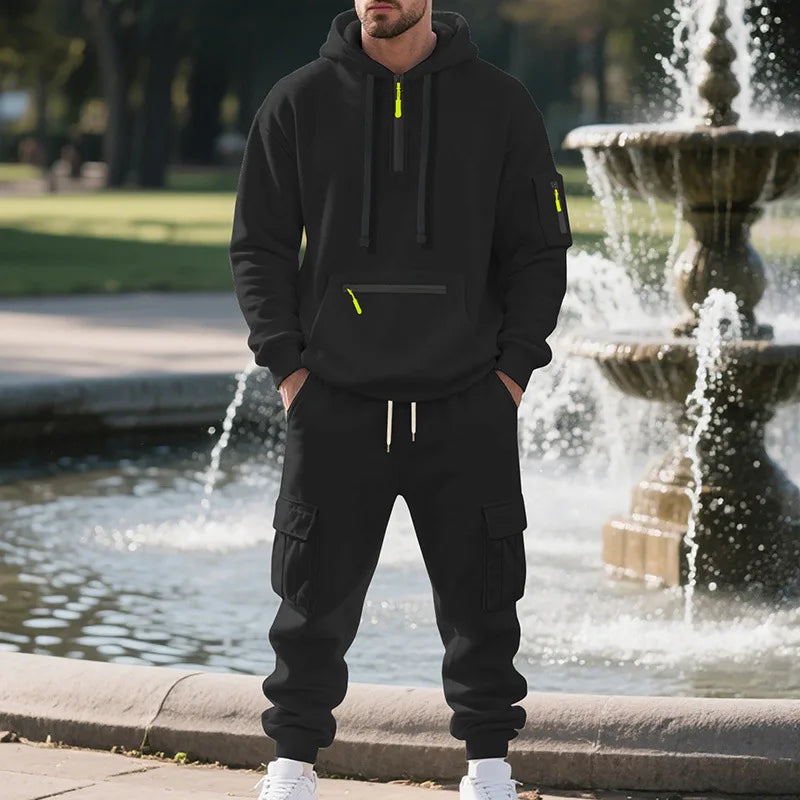 Men's sports suit style autumn and winter fleece men's casual sportswear zipper sweater multi-pocket work pants suit Quick Pick Grocers