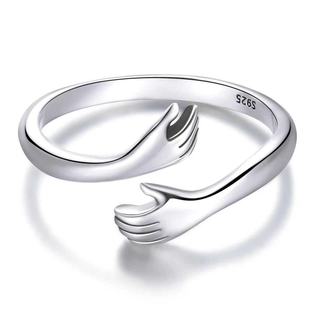 BAMOER 925 Sterling Silver Hug Open Ring Warm Love Hand Adjustable Glossy Ring for Women, His Big Loving Family Party Gift Quick Pick Grocers