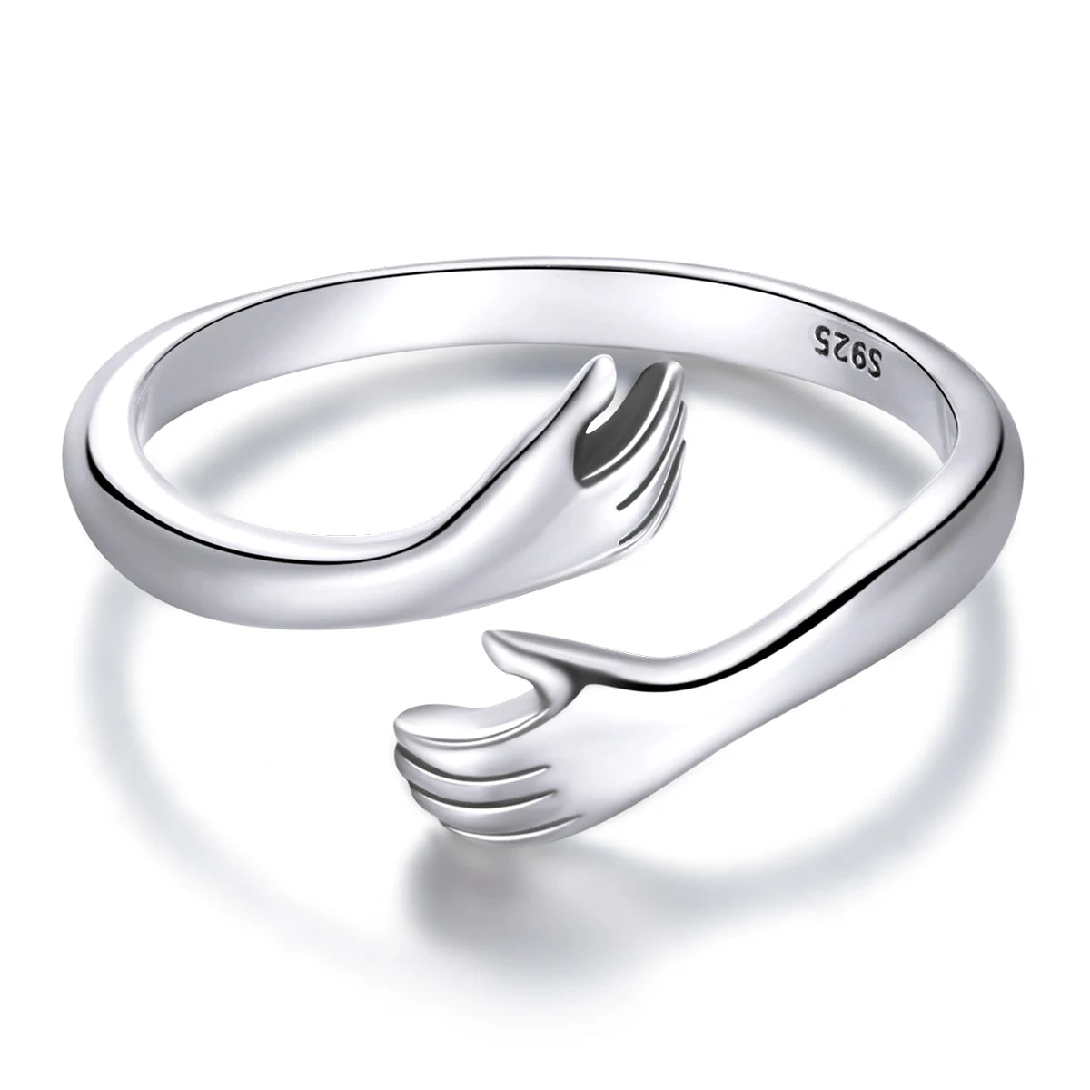 BAMOER 925 Sterling Silver Hug Open Ring Warm Love Hand Adjustable Glossy Ring for Women, His Big Loving Family Party Gift Quick Pick Grocers