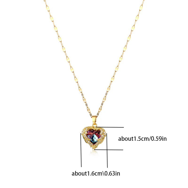 Top Luxury Colorful Crystal Ocean Heart Pendant Necklace For Women Trendy 316L Stainless Steel Jewelry Female Wedding Neck Chain Quick Pick Grocers