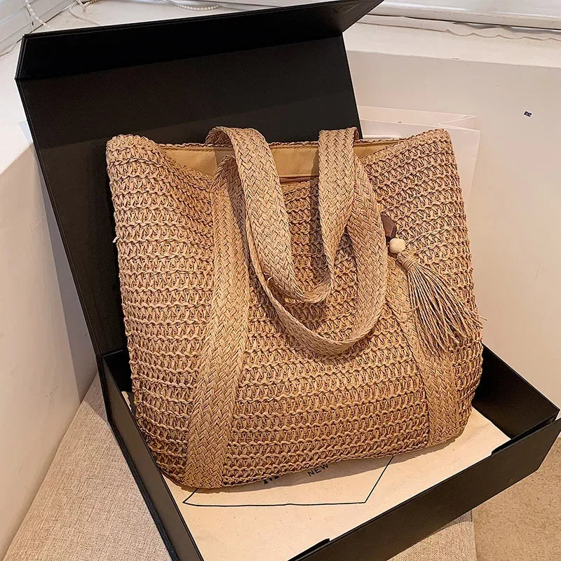 Elegant Ladies Straw Woven Handbag Women Holiday Beach Commute Casual Tote Top-Handle Bags Fashion Retro Shoulder Bags 2024 Quick Pick Grocers