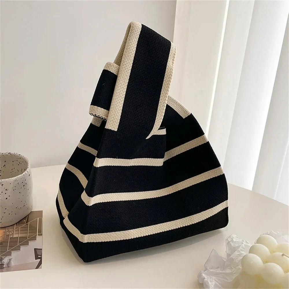 Women Handmade Knitted Small Handbag Casual Wrist Bag Wide Stripe Stripe Shopper Mini Tote Student Reusable Shoulder Bag Econic Blanks