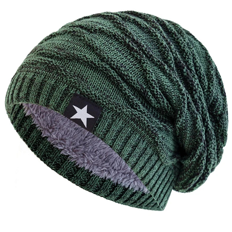 New Unisex Slouchy Winter Hats Add Fur Lined Men And Women Warm Beanie Cap Casual Five-pointed Star Decor Winter Knitted Hats Purest Peak