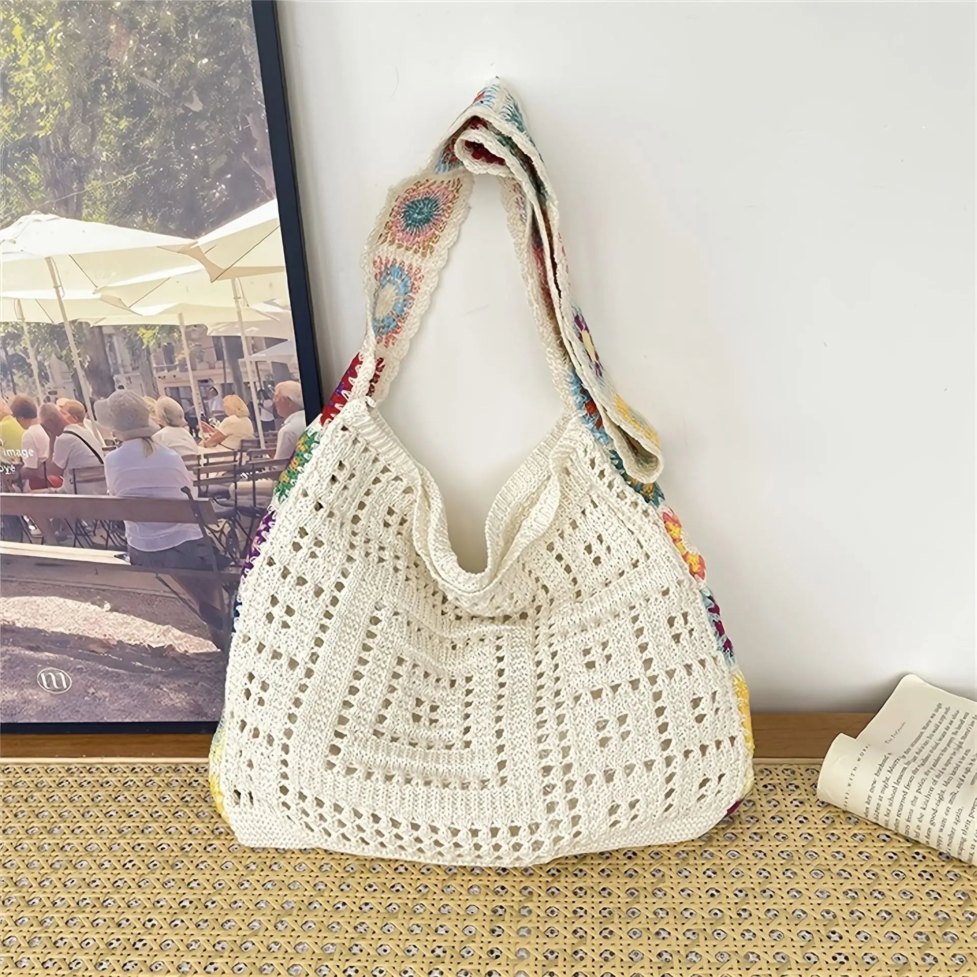 Women's Boho Crochet Bag Designer Flowers Knitted Handbags Large Capacity Summer Beach Woven Shoulder Bag Girls Tote Shopper Bag Quick Pick Grocers