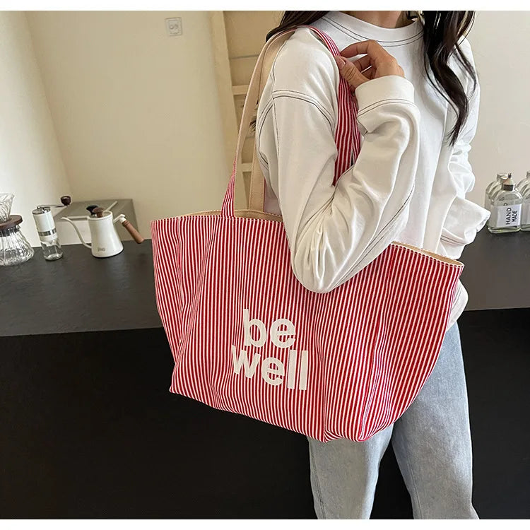Casual Large Stripe Women's Shoulder Bag 2025 New Fashion Commuter Tote Bag High Capaci Canvas Handbag for Youth bolso mujer Quick Pick Grocers