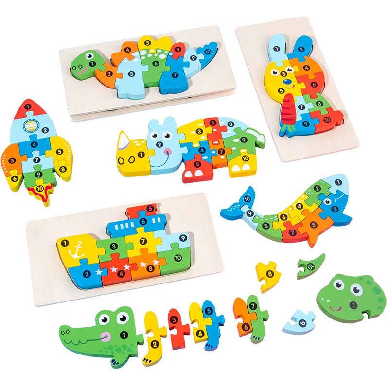 3D Stereoscopic Montessori Wooden Puzzle Cartoon Dinosaur Animal Shape Color Cognitive Educational Game Toy Kids Birthday Gift Purest Peak