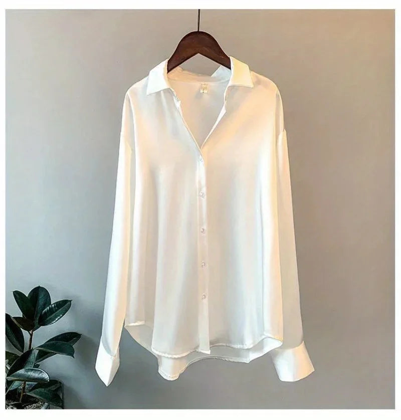 Plus Size Casual Women Silk Shirt 2025 New Fashion Loose Long Sleeve Button-Down Blouse Female Elegant Top Office Acetate Shirts Quick Pick Grocers