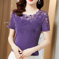 M-5XL Women T-Shirt 2026 New Lace Hollow Embroidery Mesh Tees Tops Fashion Casual Short Sleeve Hot Drilling Women's Shirt Quick Pick Grocers