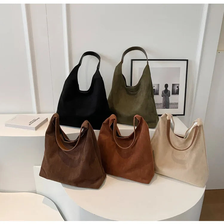 Autumn and Winter Vintage Women's Bag Large Capacity Suede Shoulder Bag Solid Color Simple Casual Commuter Bag Retro Handbags Quick Pick Grocers