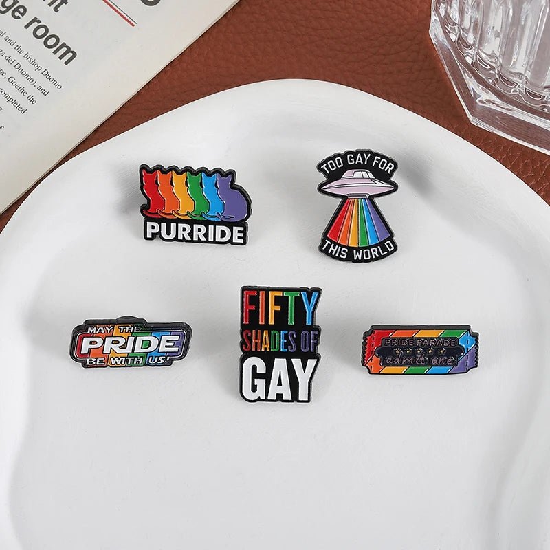 LGBTQ Pride Collect You Are Safe With Me Enamel Pins Rainbow Spaceship UFO Shield Cat Brooches Lapel Badges Jewelry Lover Gifts Quick Pick Grocers