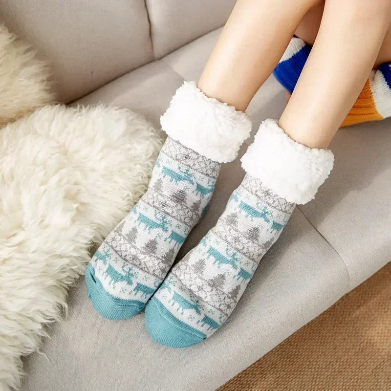 Christmas Gift Slipper Socks Women Thermal Winter Warm Plush Non slip Grip Sleeping Floor Short Sock Fuzzy Fluffy Female Cartoon Quick Pick Grocers