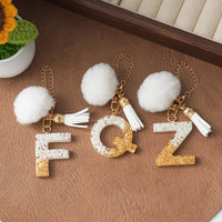Creative Resin Initials White Fringe Fur Ball Women Keychain A-Z Letter Pendant Handbag Decor Car Key Ring Jewelry Gift Quick Pick Grocers