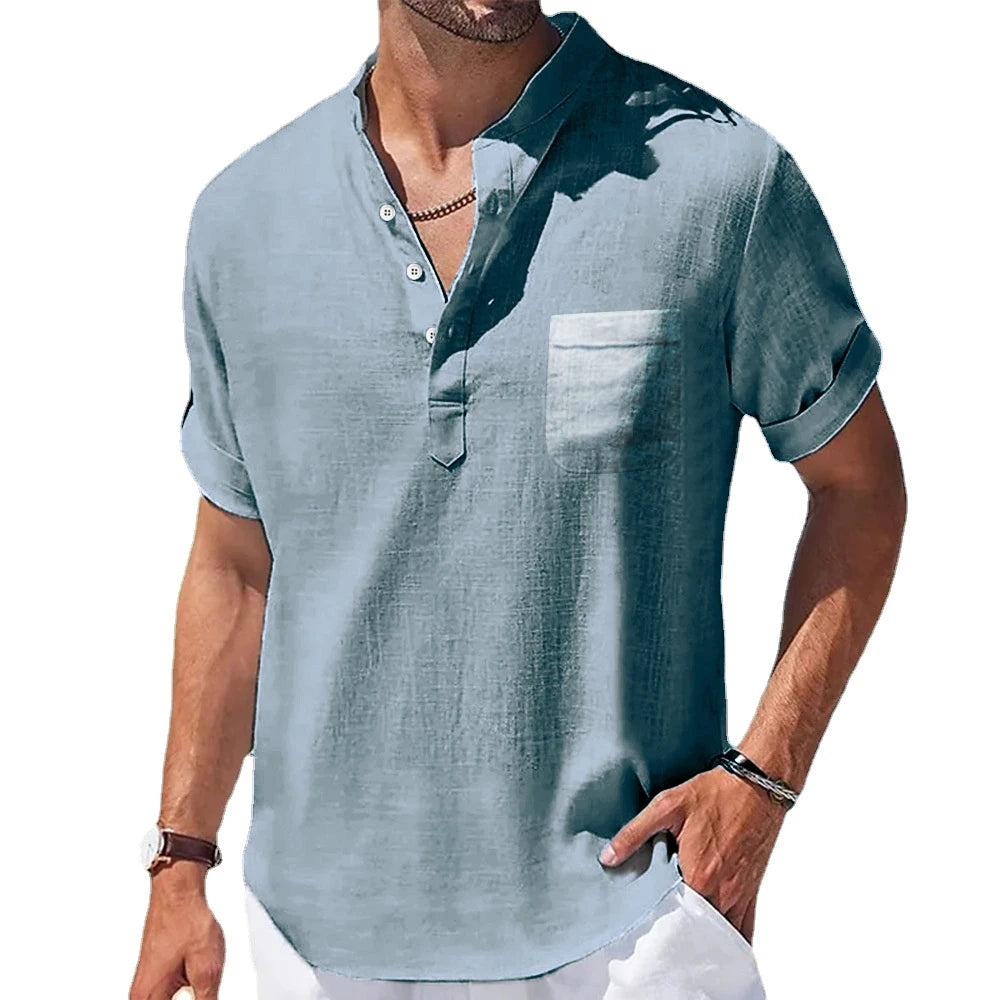 New Men's Casual Stand Up Collar Summer Solid Color Short Sleeve Linen Shirt Trendy Breathable Loose Youth Basic Pocket Top Quick Pick Grocers