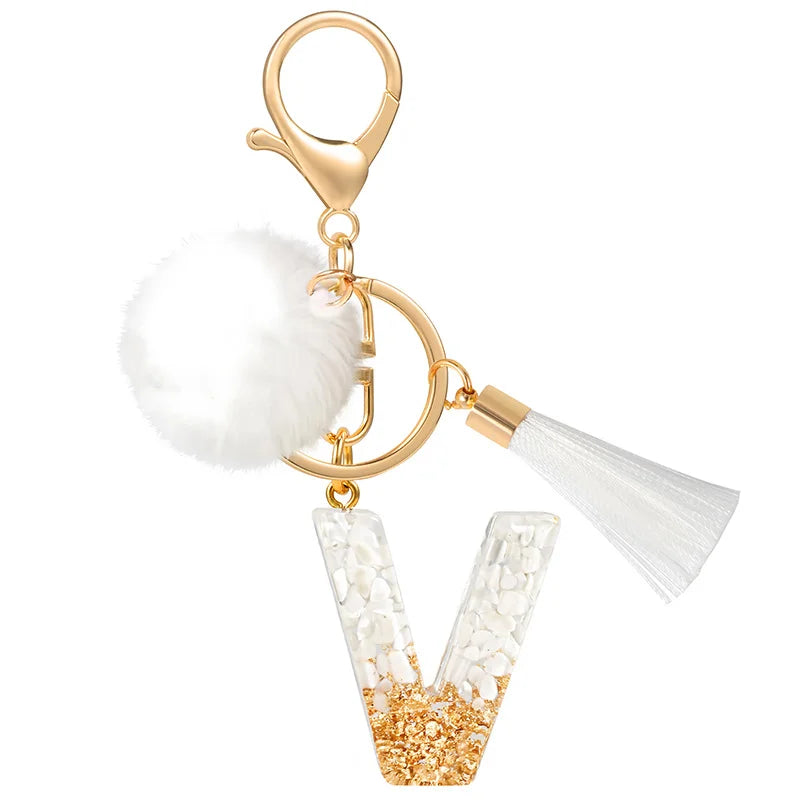 Creative Resin Initials White Fringe Fur Ball Women Keychain A-Z Letter Pendant Handbag Decor Car Key Ring Jewelry Gift Quick Pick Grocers