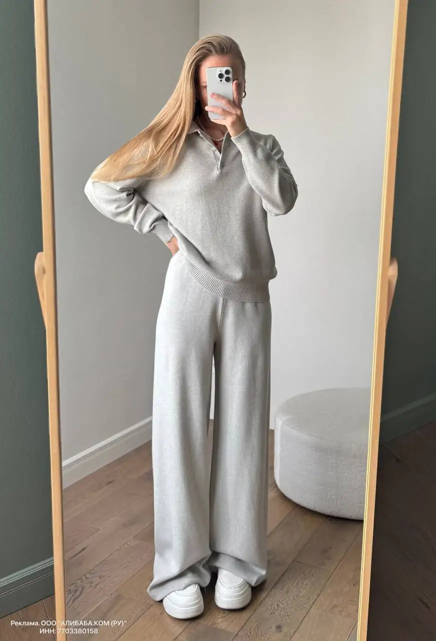 Hirsionsan Winter Thick Women Knitted Suits Soft 2 Pieces soft Female Sets Polo Neck Sweater & Wide Leg Pants Knitted Outfit Quick Pick Grocers