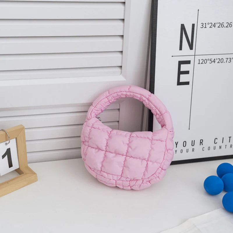 Fashion Mini Puffer Tote Bag Quilted Circle Phone Purse Elegant Purple Soft Nylon Padded Key Pouch Simple Trend Handbag Econic Blanks